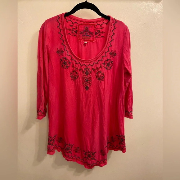 Johnny Was Tops - Johnny Was Embroidered Flowers Quarter Sleeve Blouse Pink Size Small